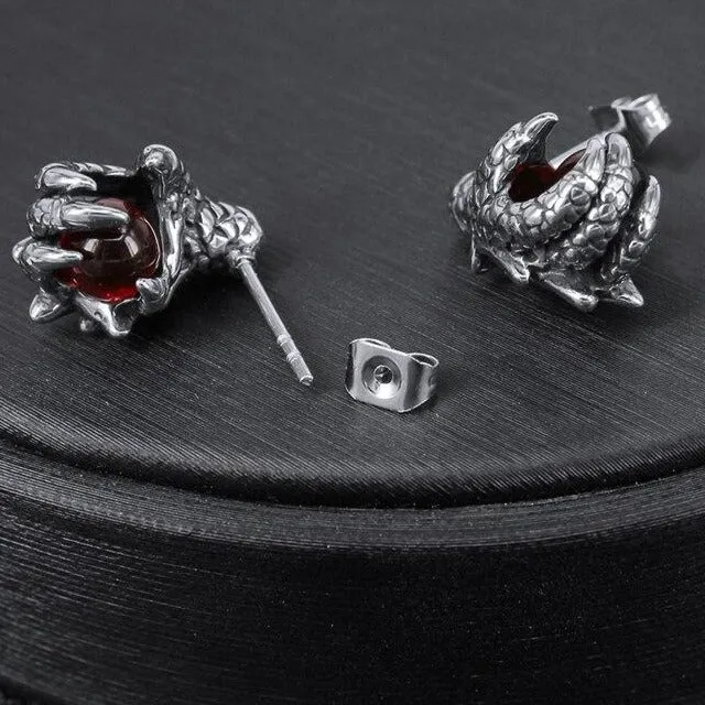 Dragon Claw with Red Cubic Zirconia 316L Stainless Steel Punk Rock Stud Earrings