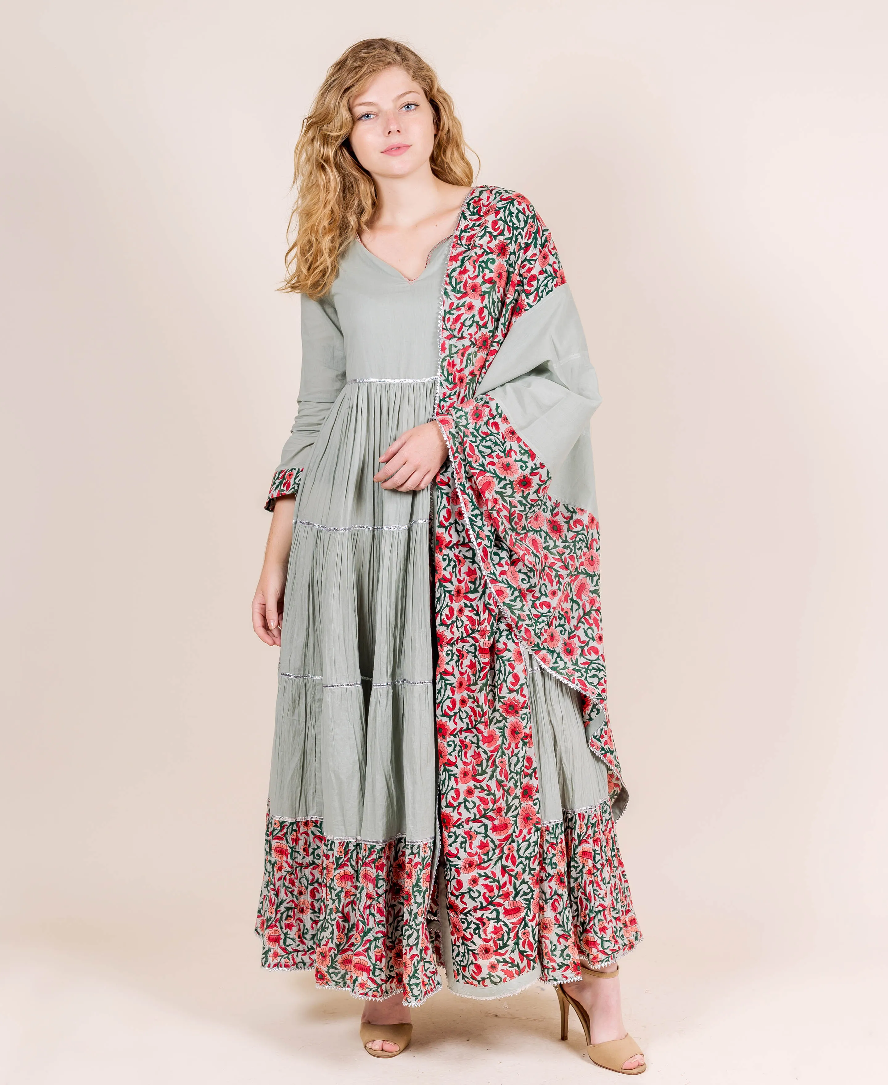 Dusty Mint Hand Block Printed Dress with Dupatta