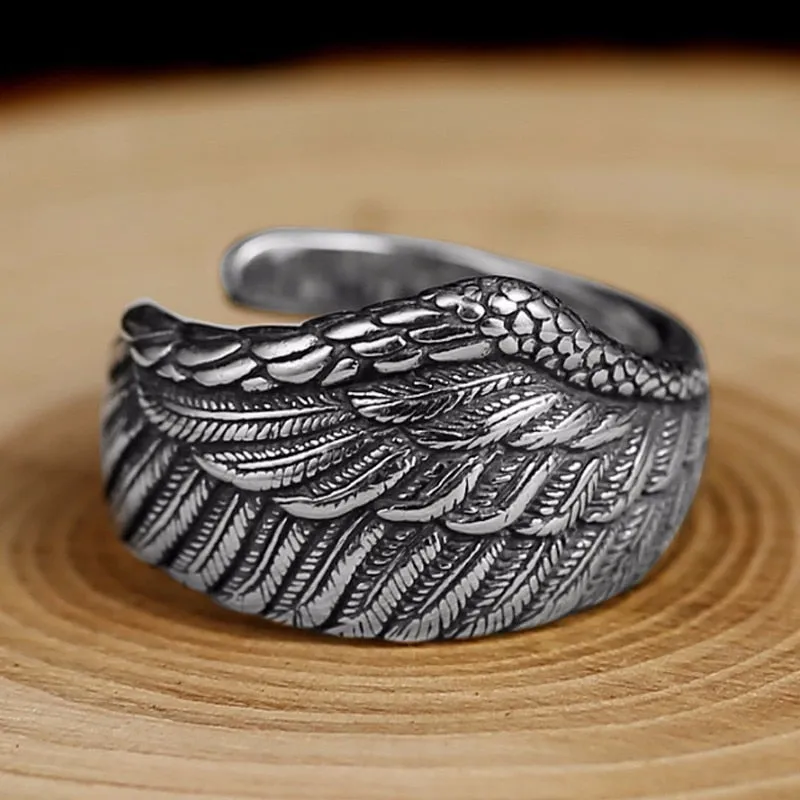 Eagle Wing Feather 925 Sterling Silver Vintage Retro Biker Ring