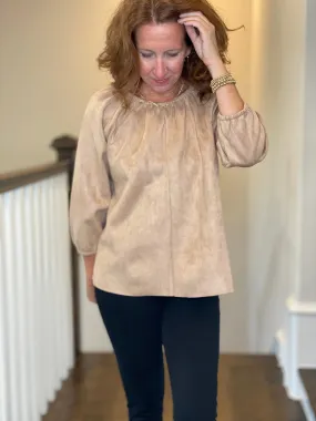 Faux Suede Peasant Top in Camel