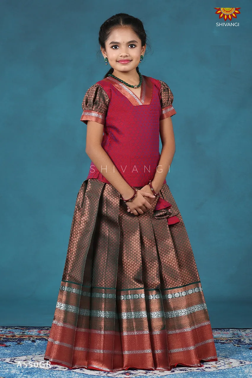 Girls Green Bali Silk Pattu Pavadai | Langa