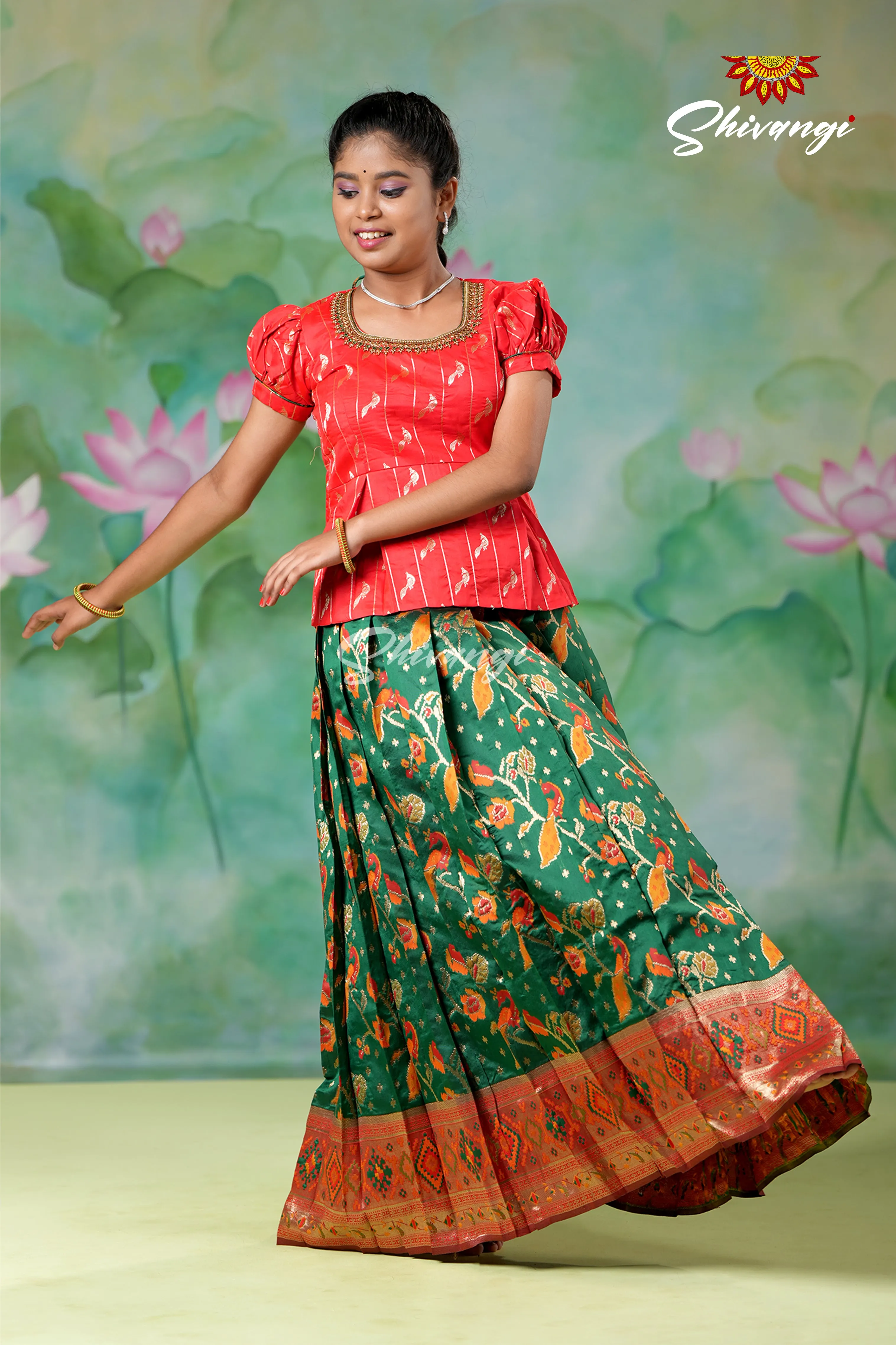 Girls Green Peacock Dragon Pavadai Sattai Designs