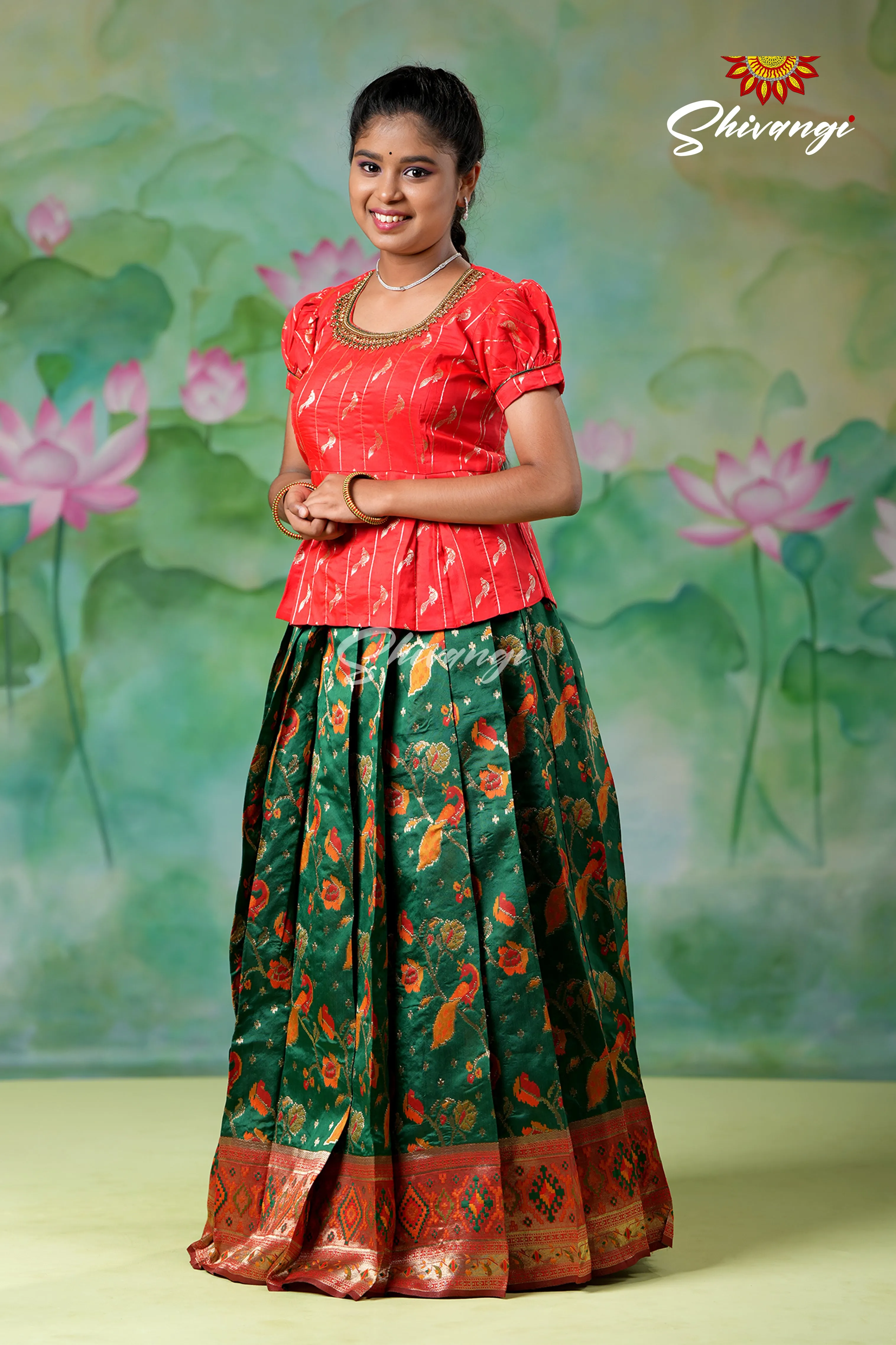 Girls Green Peacock Dragon Pavadai Sattai Designs