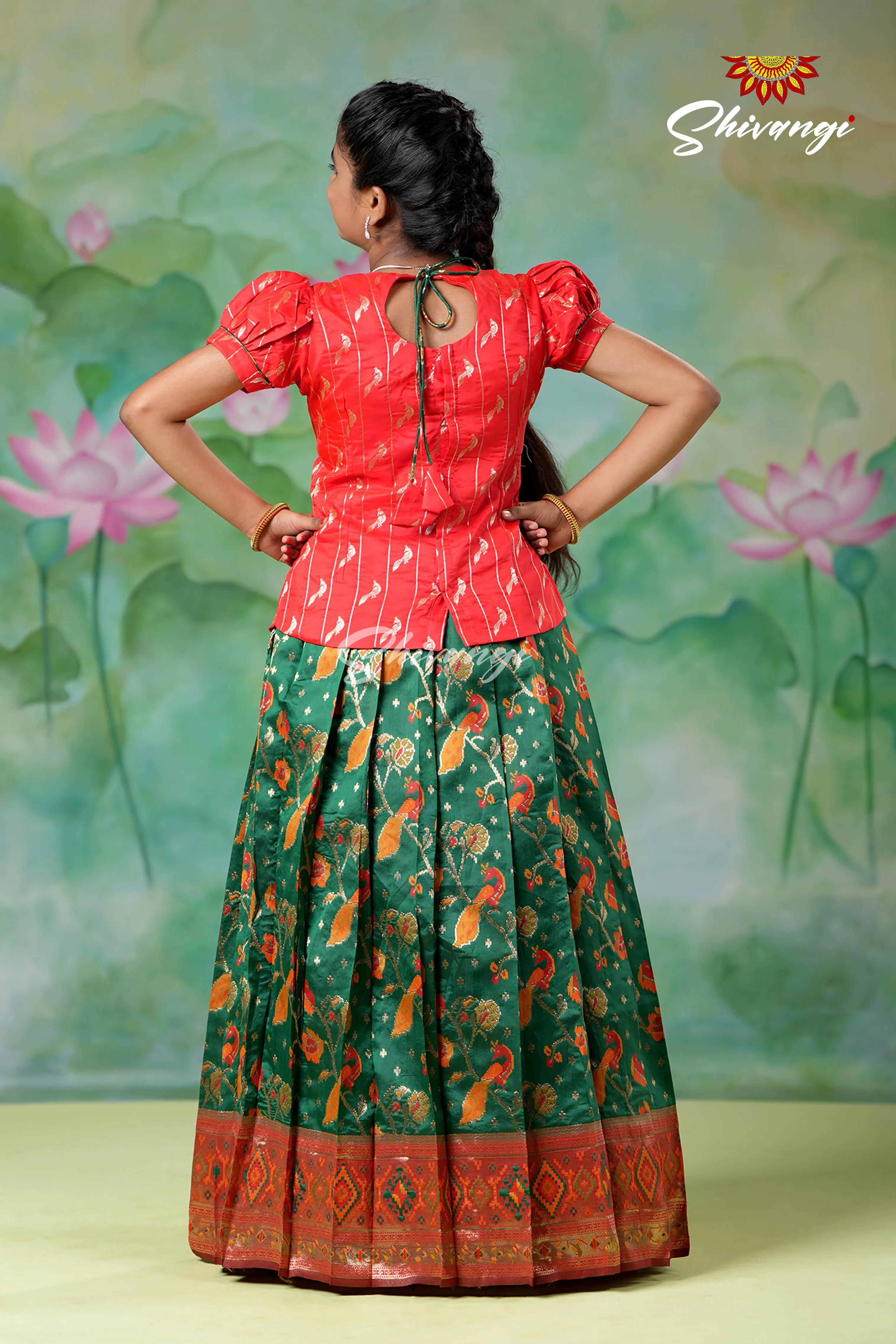 Girls Green Peacock Dragon Pavadai Sattai Designs