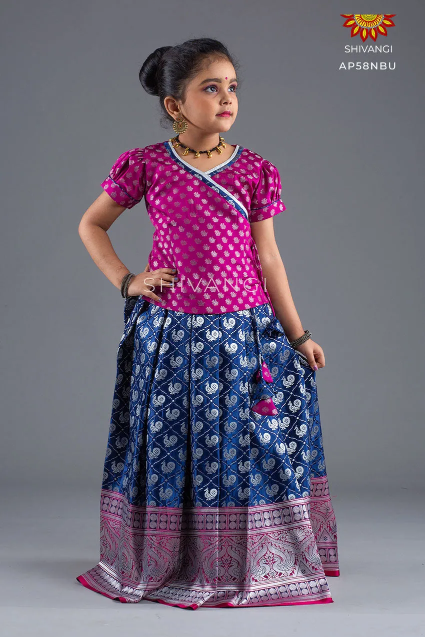 Girls Navy Blue Satin Silks Pattu Pavadai