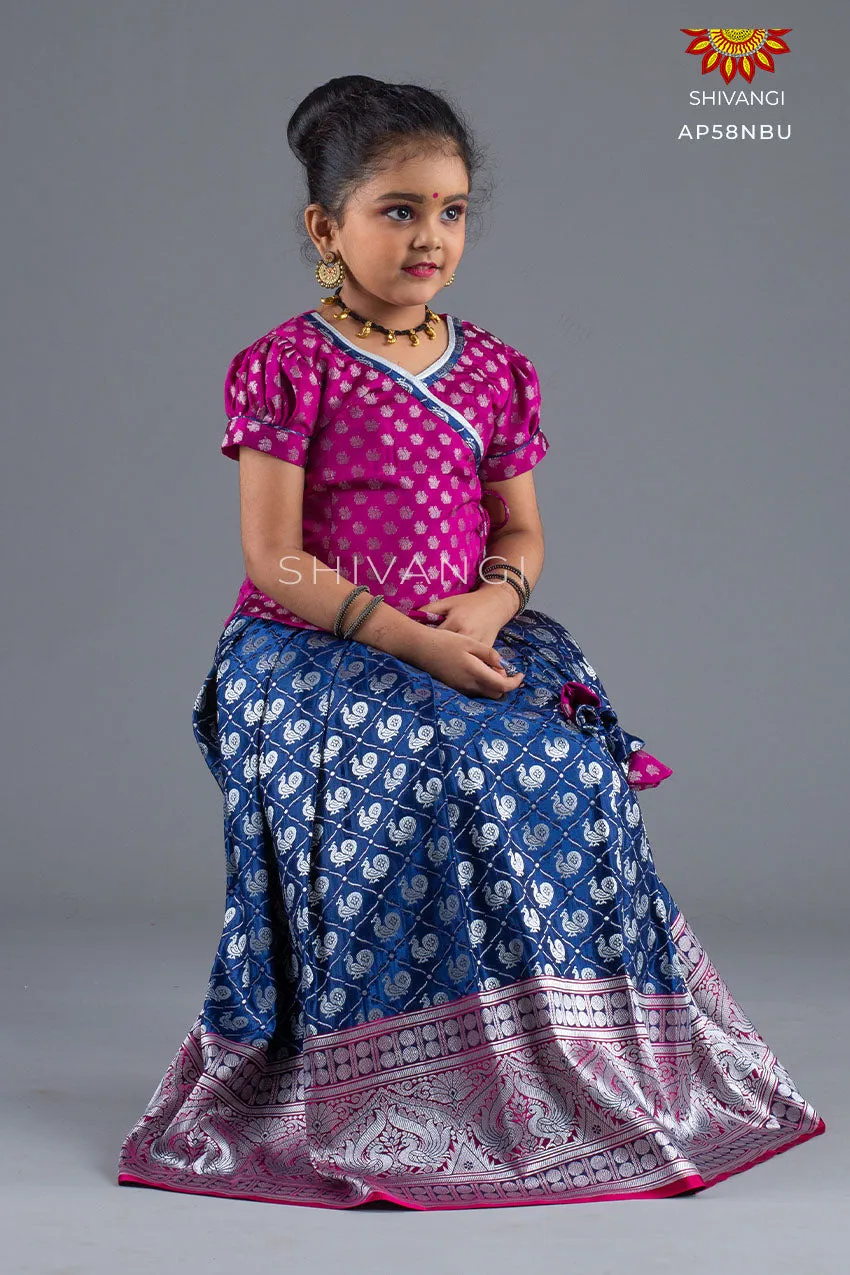 Girls Navy Blue Satin Silks Pattu Pavadai