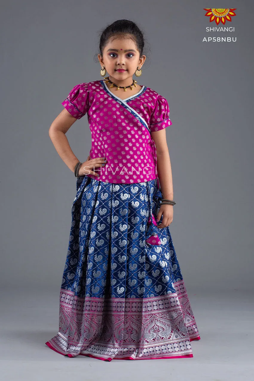 Girls Navy Blue Satin Silks Pattu Pavadai