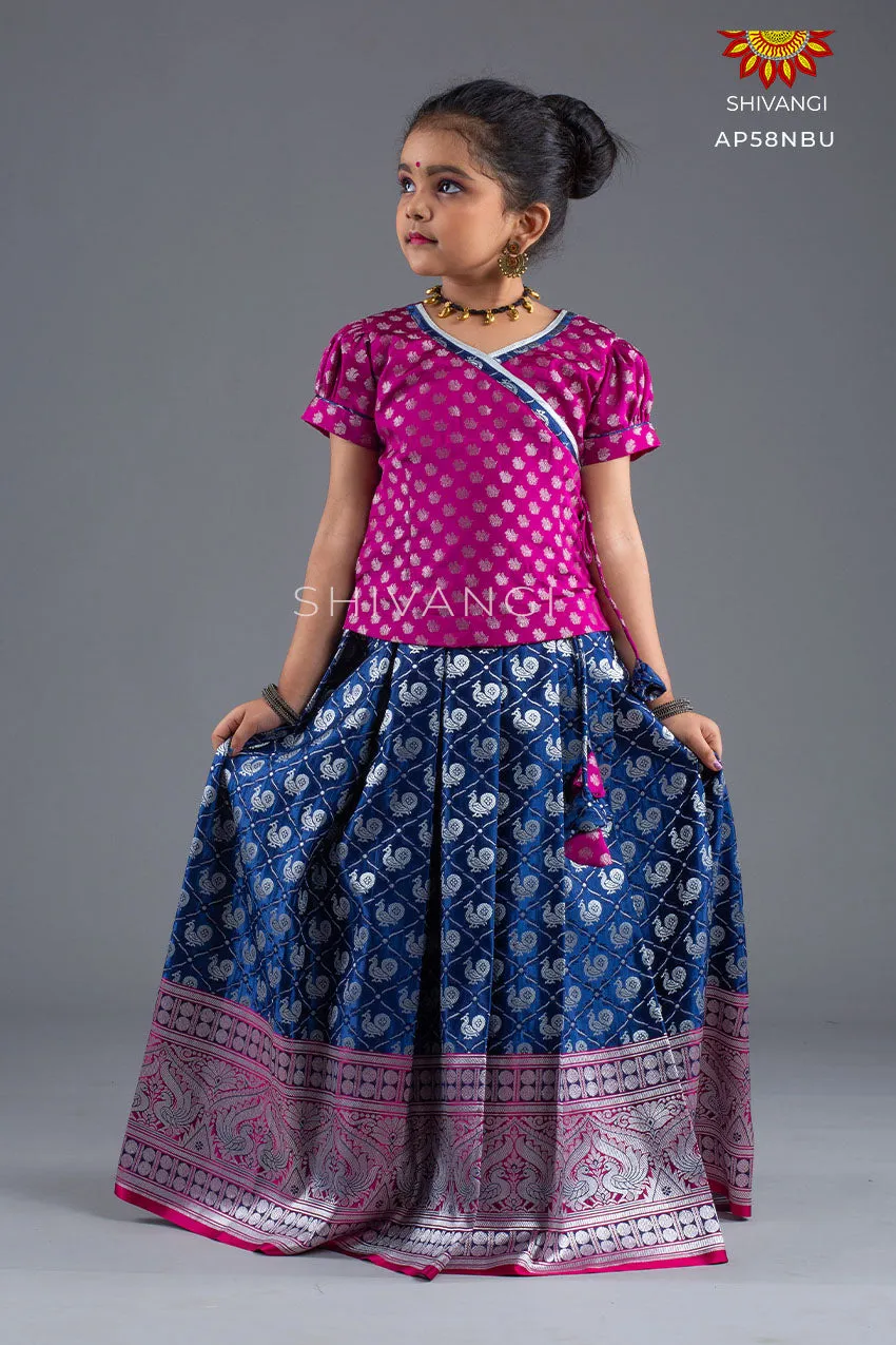 Girls Navy Blue Satin Silks Pattu Pavadai