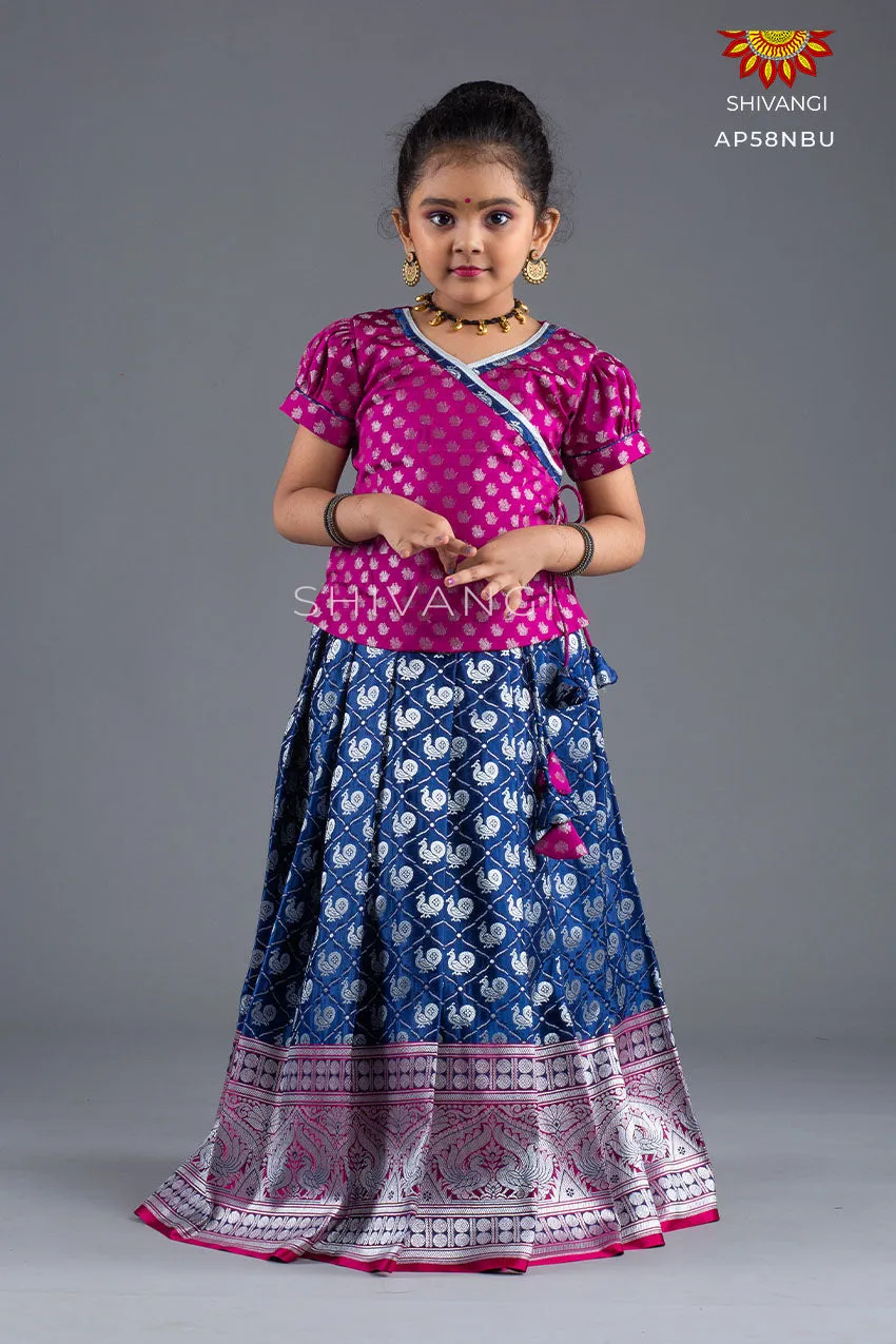 Girls Navy Blue Satin Silks Pattu Pavadai