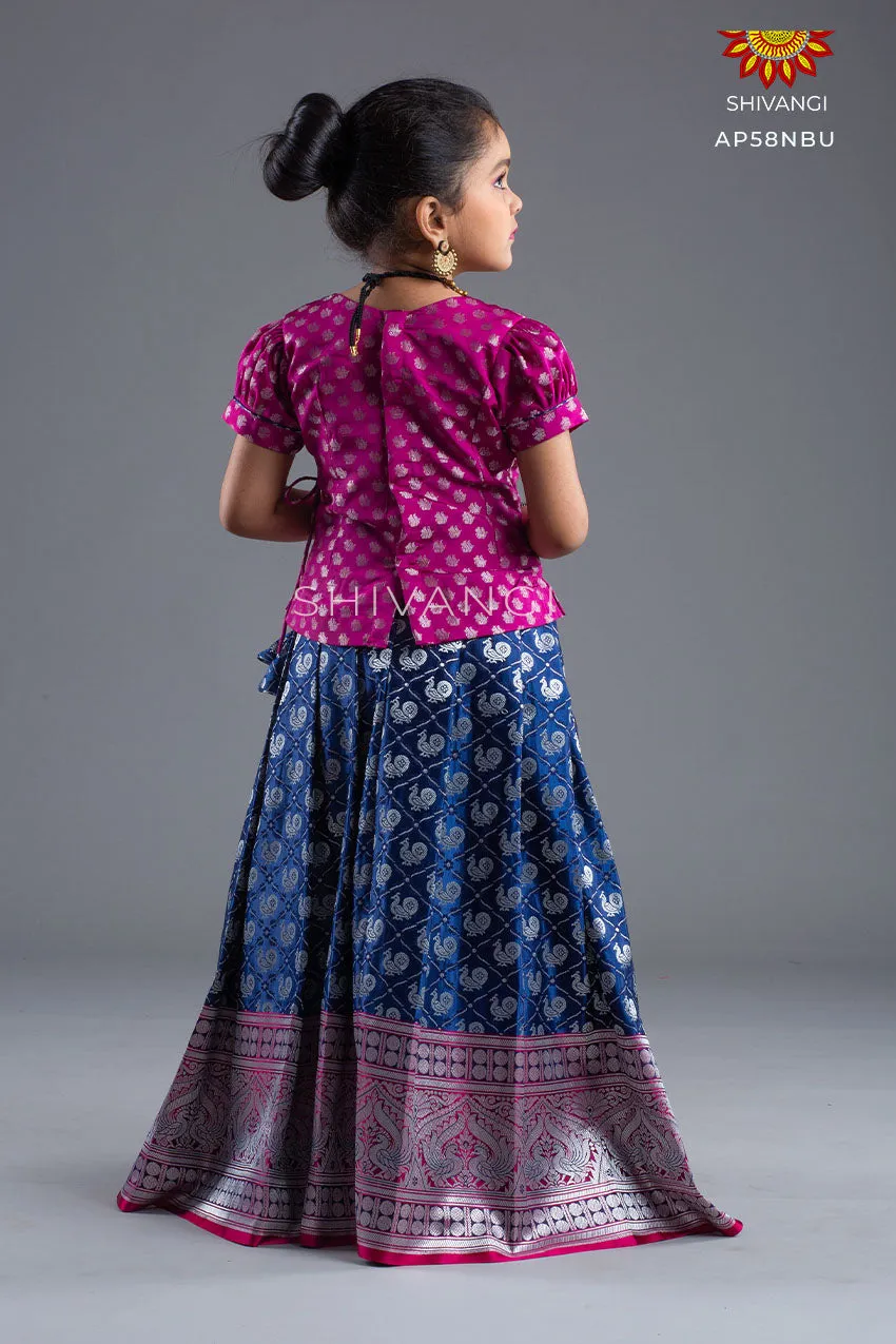 Girls Navy Blue Satin Silks Pattu Pavadai