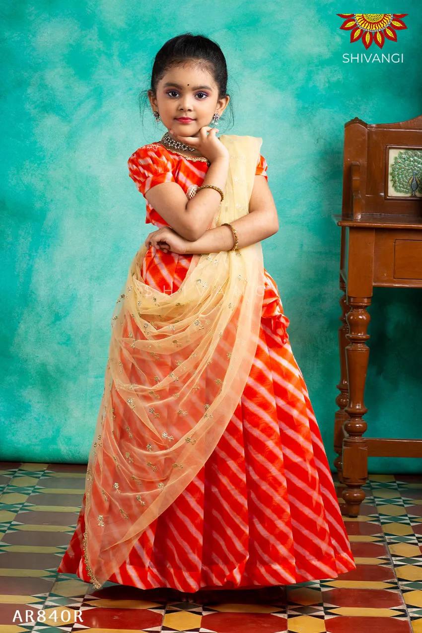 Girls Orange Organza Leheriya Lehenga Choli