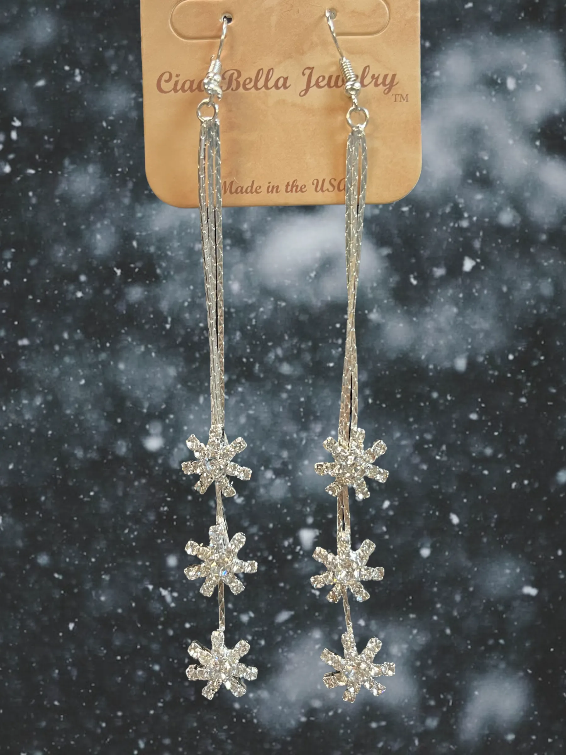 Gold or Silver Crystal Snowflake Dangle Earrings