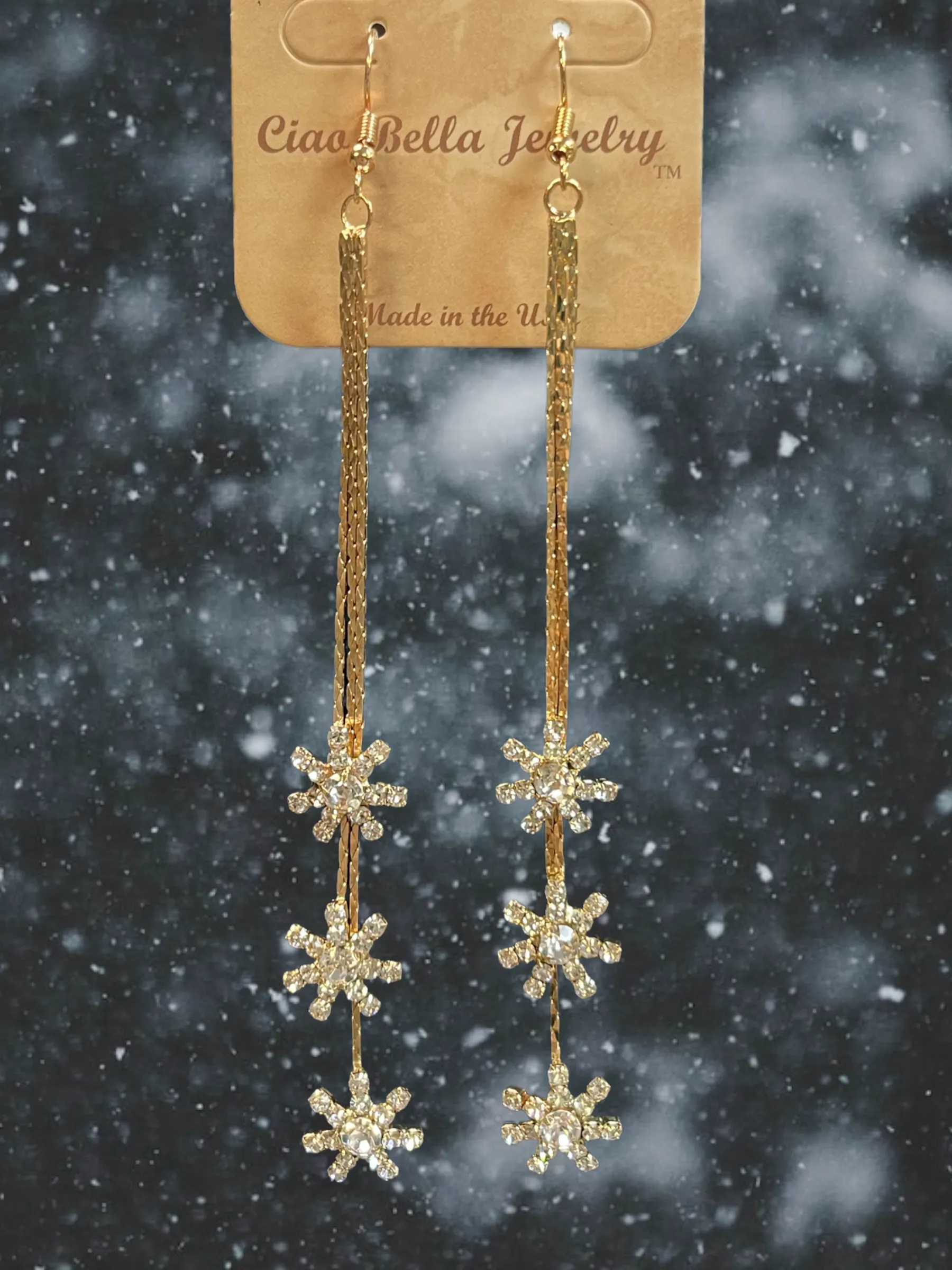 Gold or Silver Crystal Snowflake Dangle Earrings