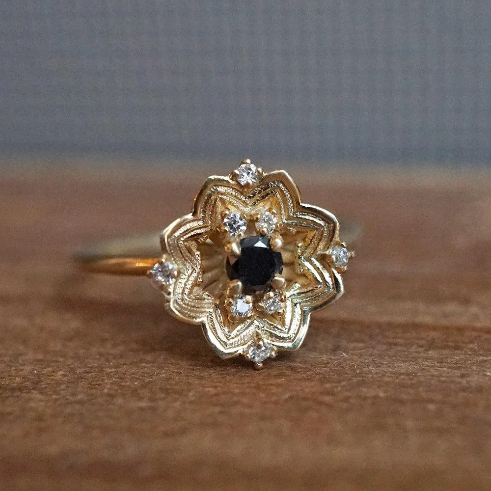 Gothic Rose Window Black Diamond Ring in 14K and 18K Gold