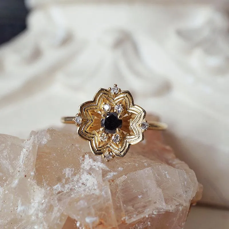 Gothic Rose Window Black Diamond Ring in 14K and 18K Gold