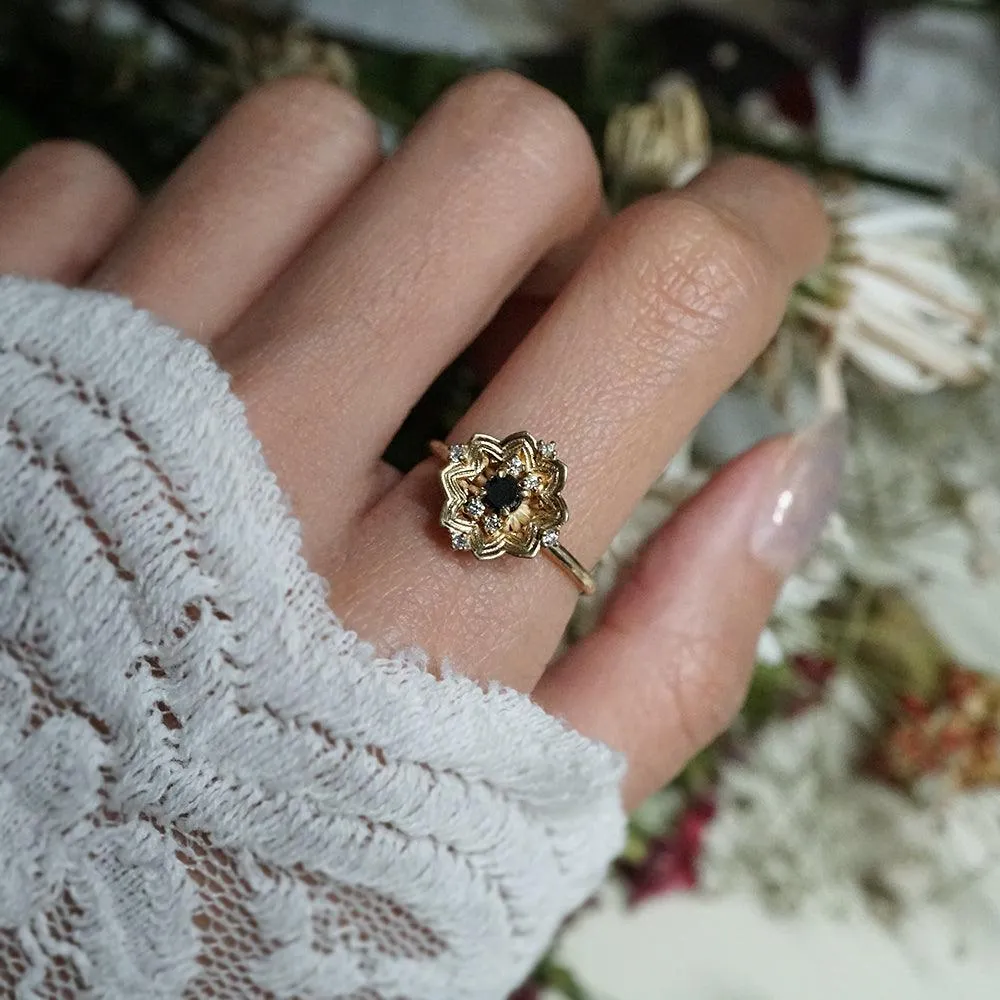 Gothic Rose Window Black Diamond Ring in 14K and 18K Gold