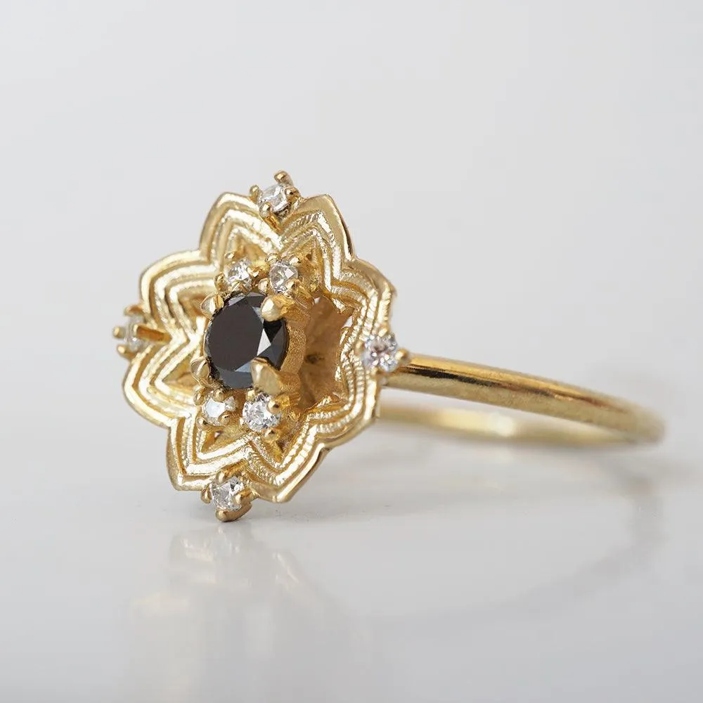 Gothic Rose Window Black Diamond Ring in 14K and 18K Gold