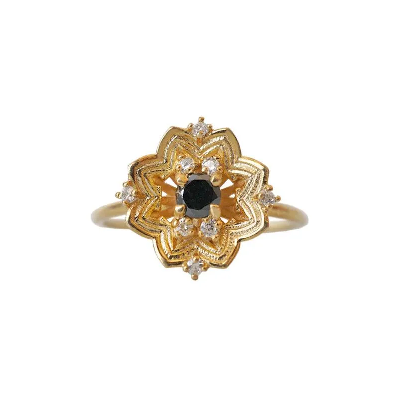 Gothic Rose Window Black Diamond Ring in 14K and 18K Gold