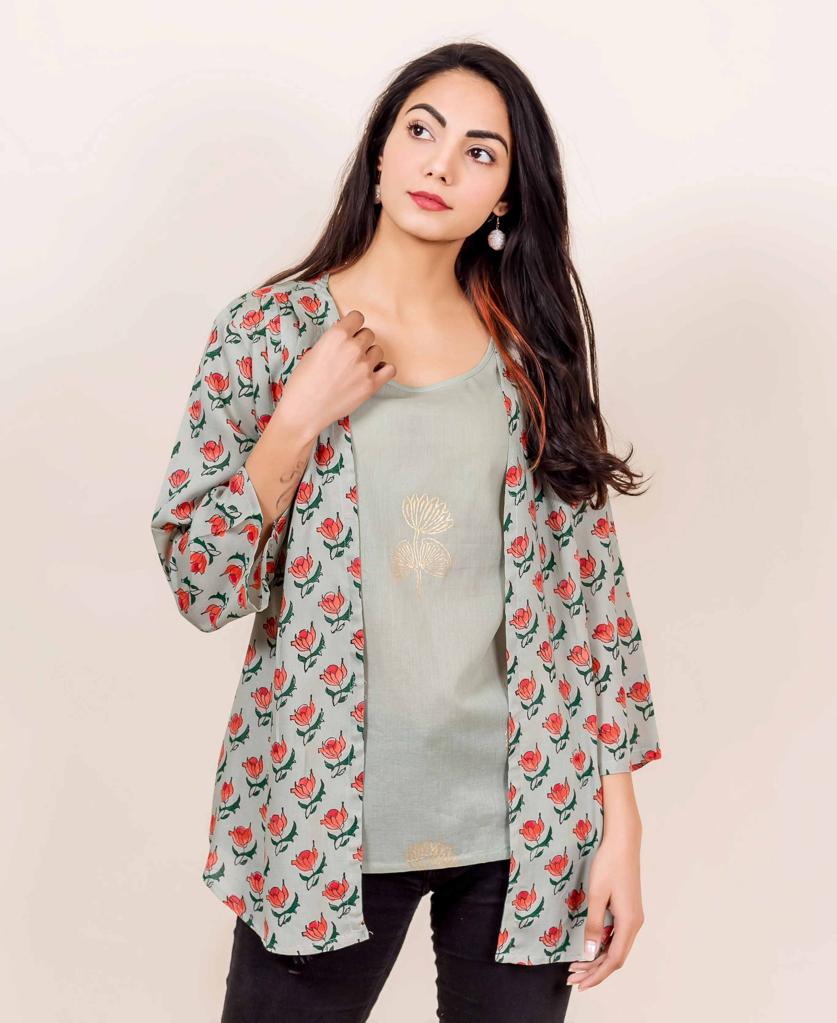 Grey Hand Block Printed Shrug Top