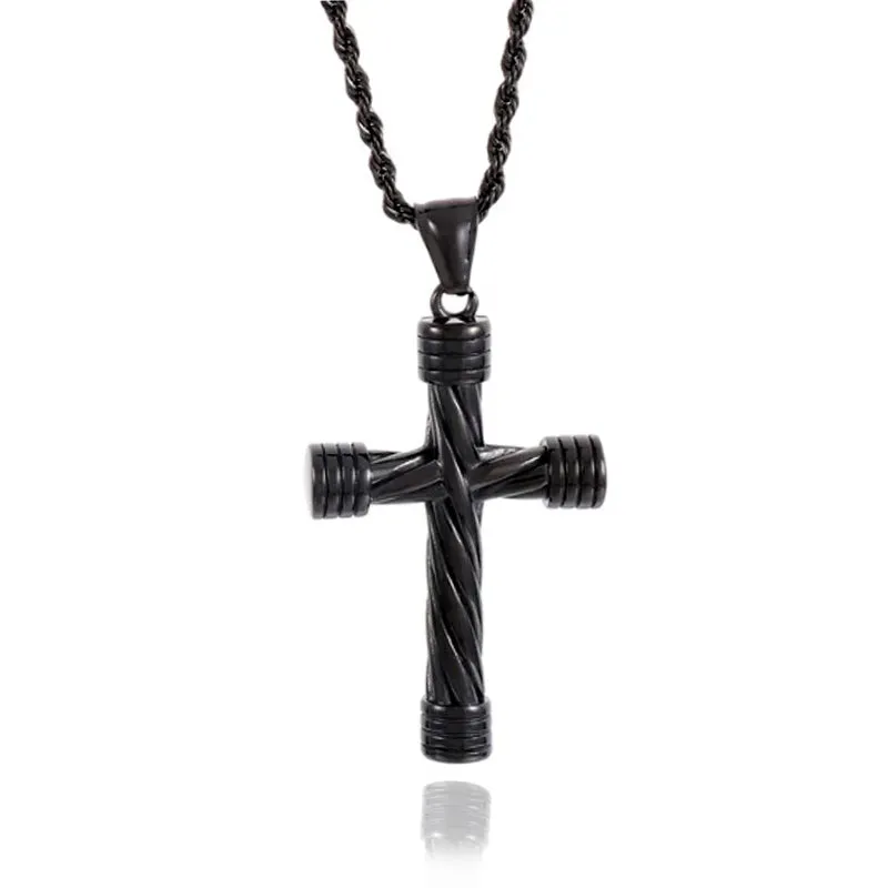 Gunmetal Gothic Black Necklace with Striped Cross Pendant and Chain