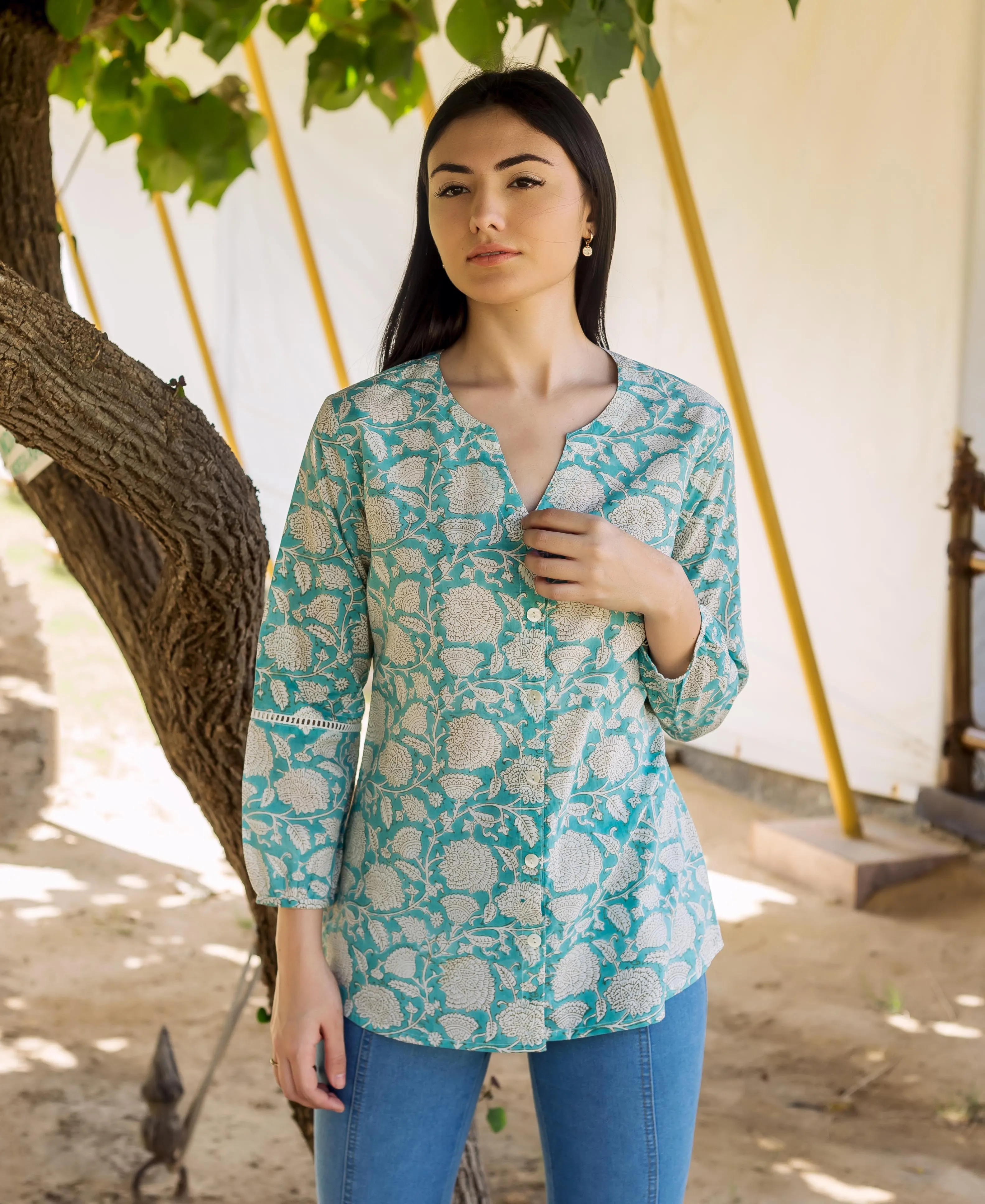 Hand Block Printed Button Down Top with Lace Detailing