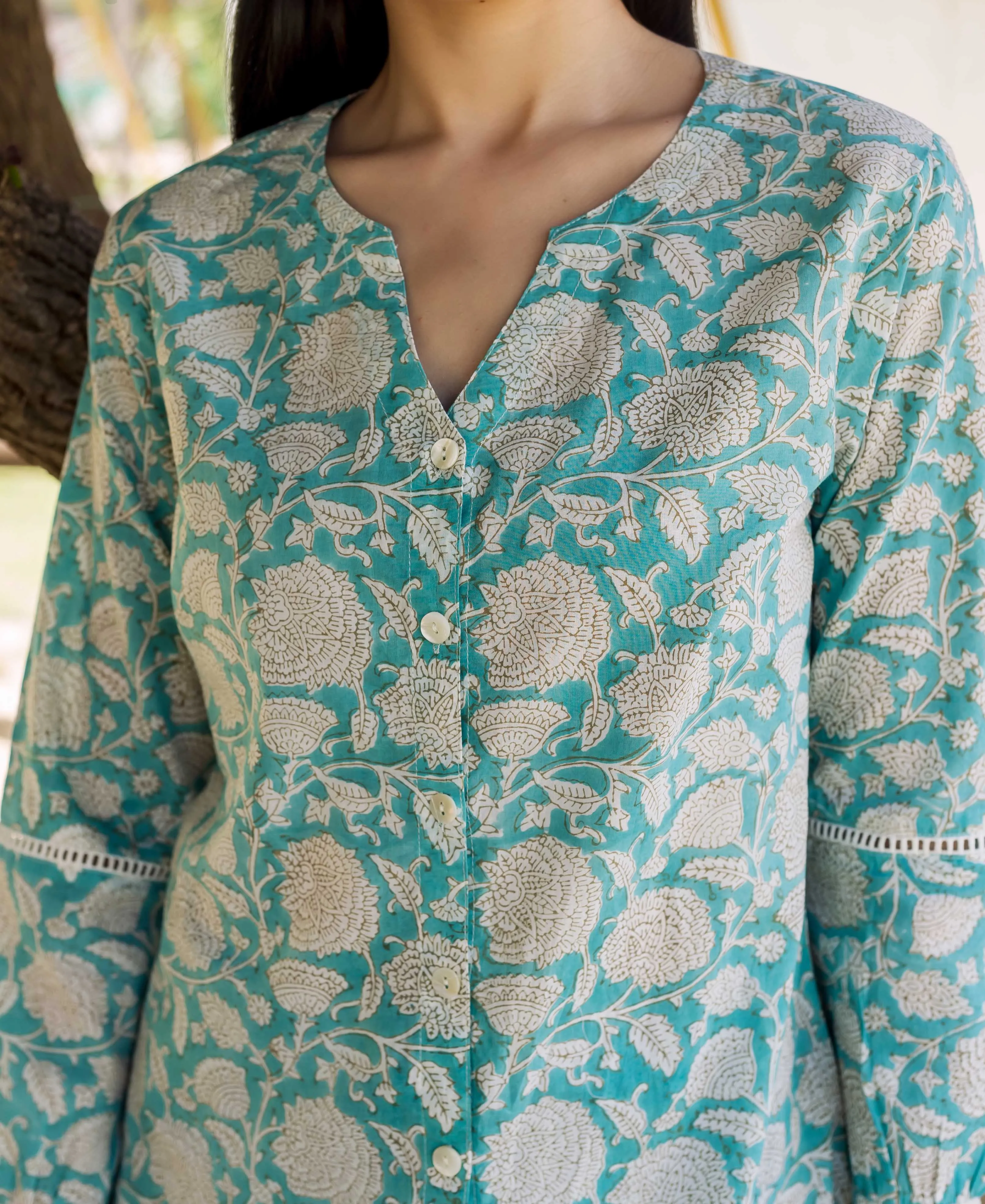 Hand Block Printed Button Down Top with Lace Detailing