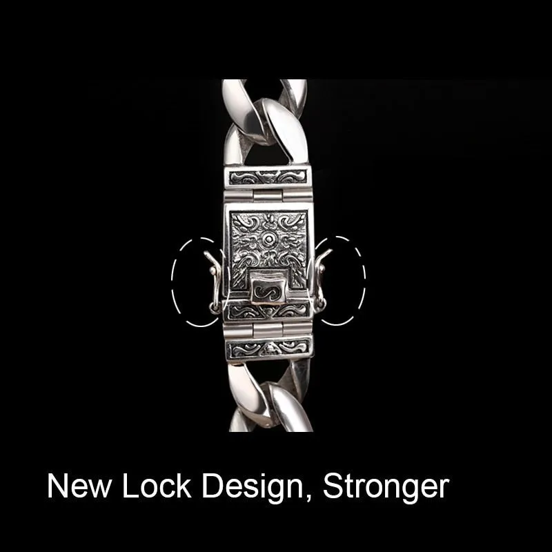 Highly-Polished Link Chain with Wide Smooth Flower Safe Lock 925 Sterling Silver Biker Bracelet