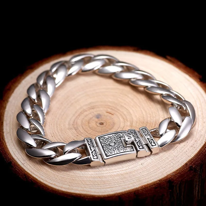 Highly-Polished Link Chain with Wide Smooth Flower Safe Lock 925 Sterling Silver Biker Bracelet