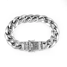 Highly-Polished Link Chain with Wide Smooth Flower Safe Lock 925 Sterling Silver Biker Bracelet