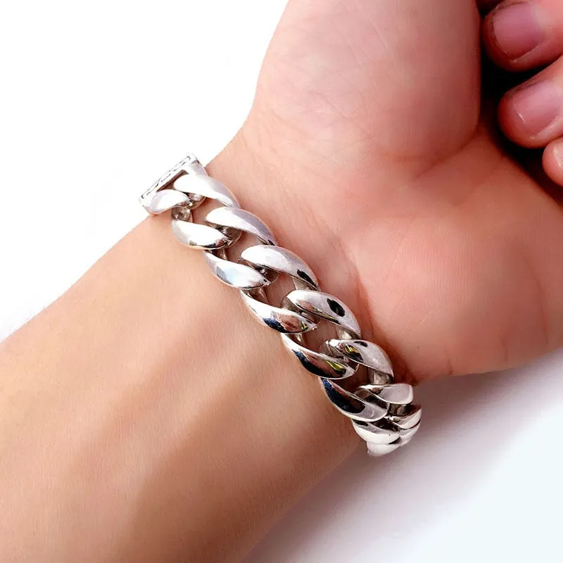 Highly-Polished Link Chain with Wide Smooth Flower Safe Lock 925 Sterling Silver Biker Bracelet