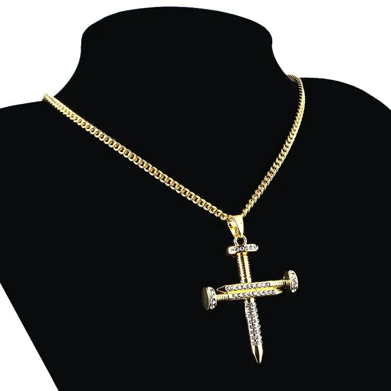 Hip Hop Nail Cross Zirconia Pendant Necklace