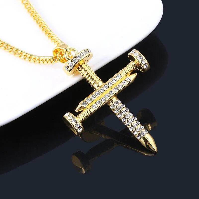 Hip Hop Nail Cross Zirconia Pendant Necklace