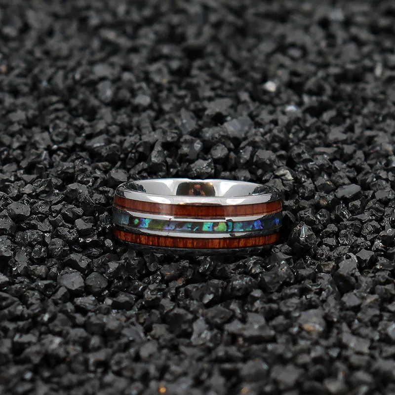 His & Her 6mm/8mm Hawaiian Koa Wood And Abalone Shell Tungsten Carbide Rings Set