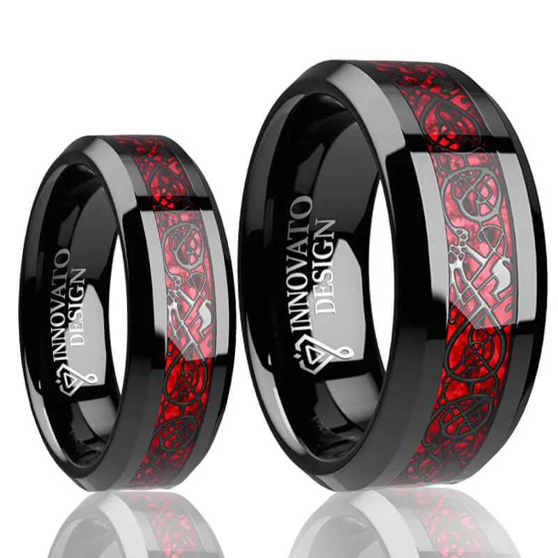 His & Her 6mm/8mm Red Carbon Fiber Black Celtic Dragon Tungsten Carbide Wedding Bands Set