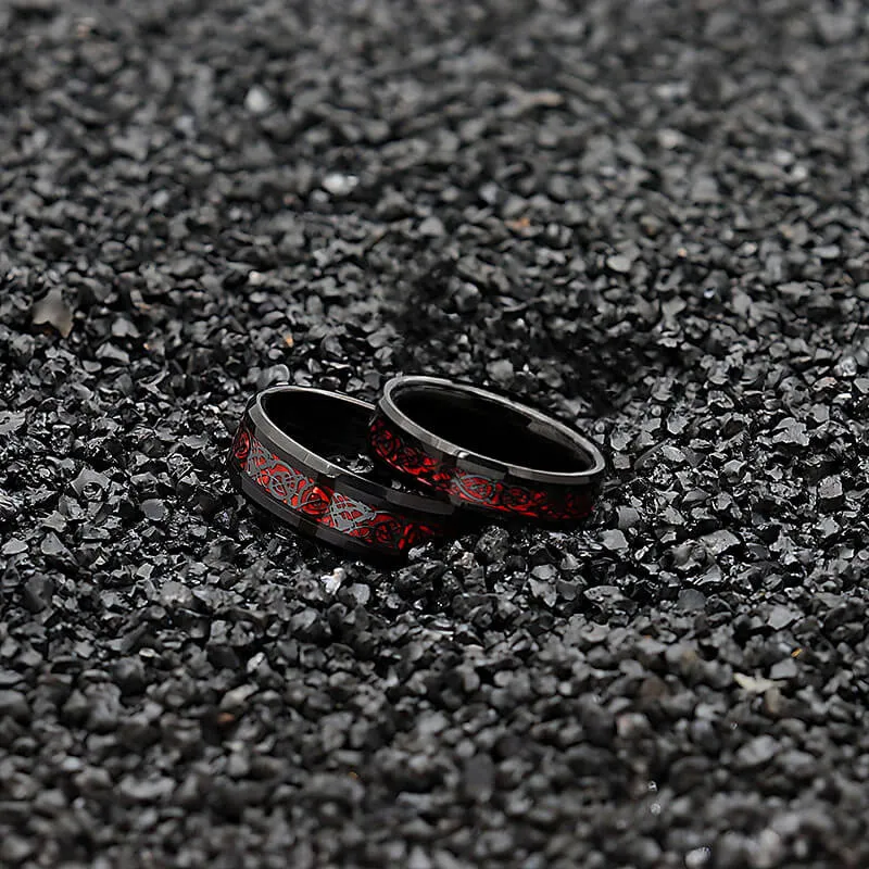 His & Her 6mm/8mm Red Carbon Fiber Black Celtic Dragon Tungsten Carbide Wedding Bands Set