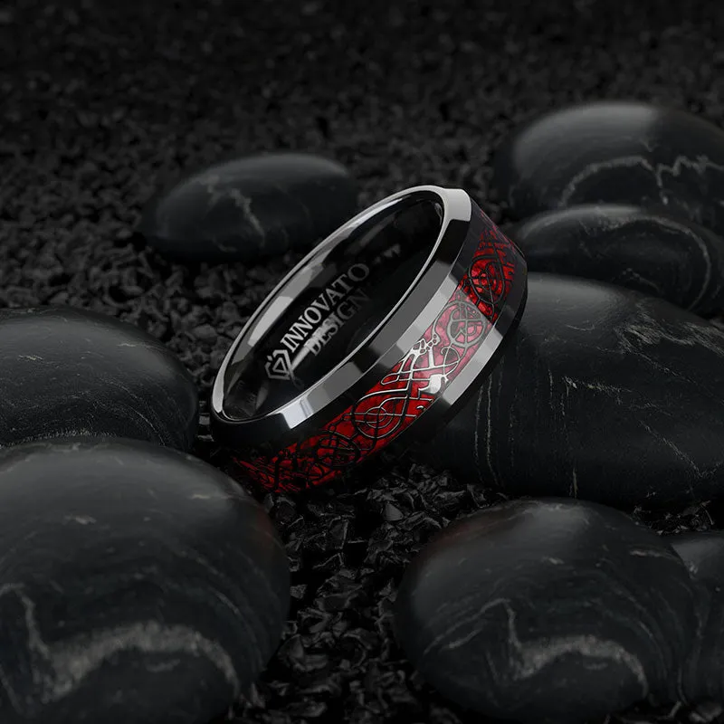 His & Her 6mm/8mm Red Carbon Fiber Black Celtic Dragon Tungsten Carbide Wedding Bands Set