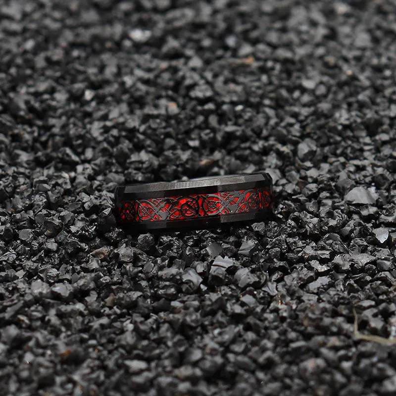 His & Her 6mm/8mm Red Carbon Fiber Black Celtic Dragon Tungsten Carbide Wedding Bands Set