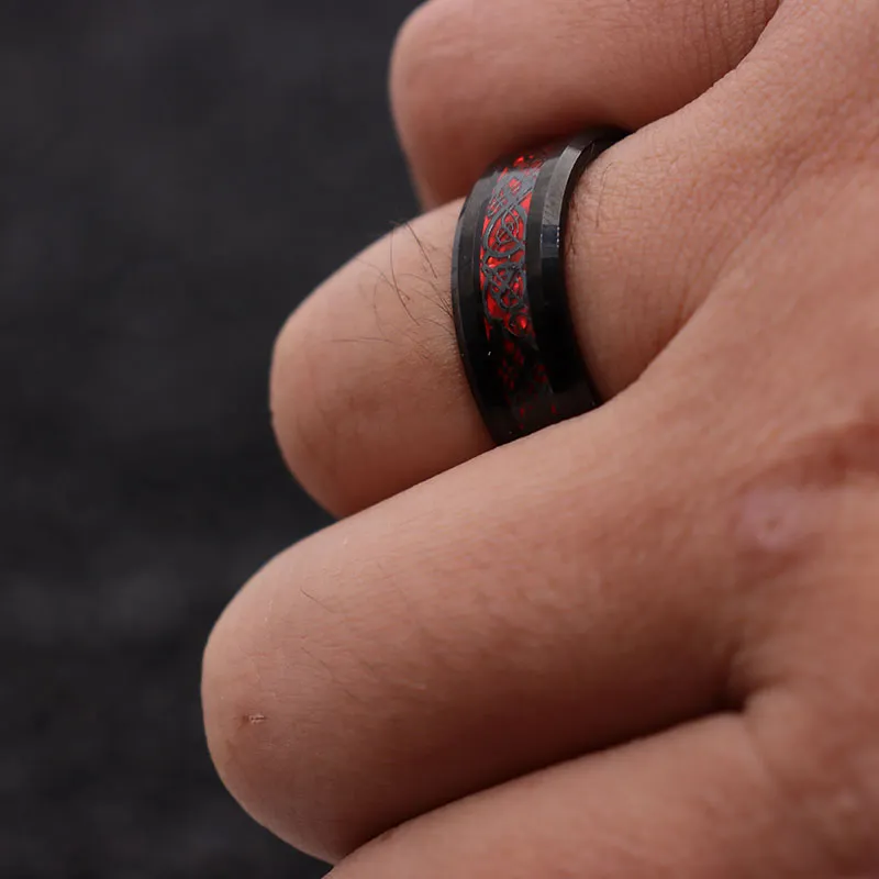 His & Her 6mm/8mm Red Carbon Fiber Black Celtic Dragon Tungsten Carbide Wedding Bands Set