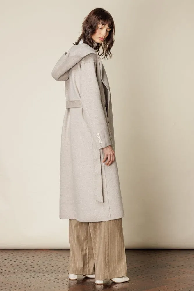 Hooded Double Faced Wrap Coat - Lt Brown Melange