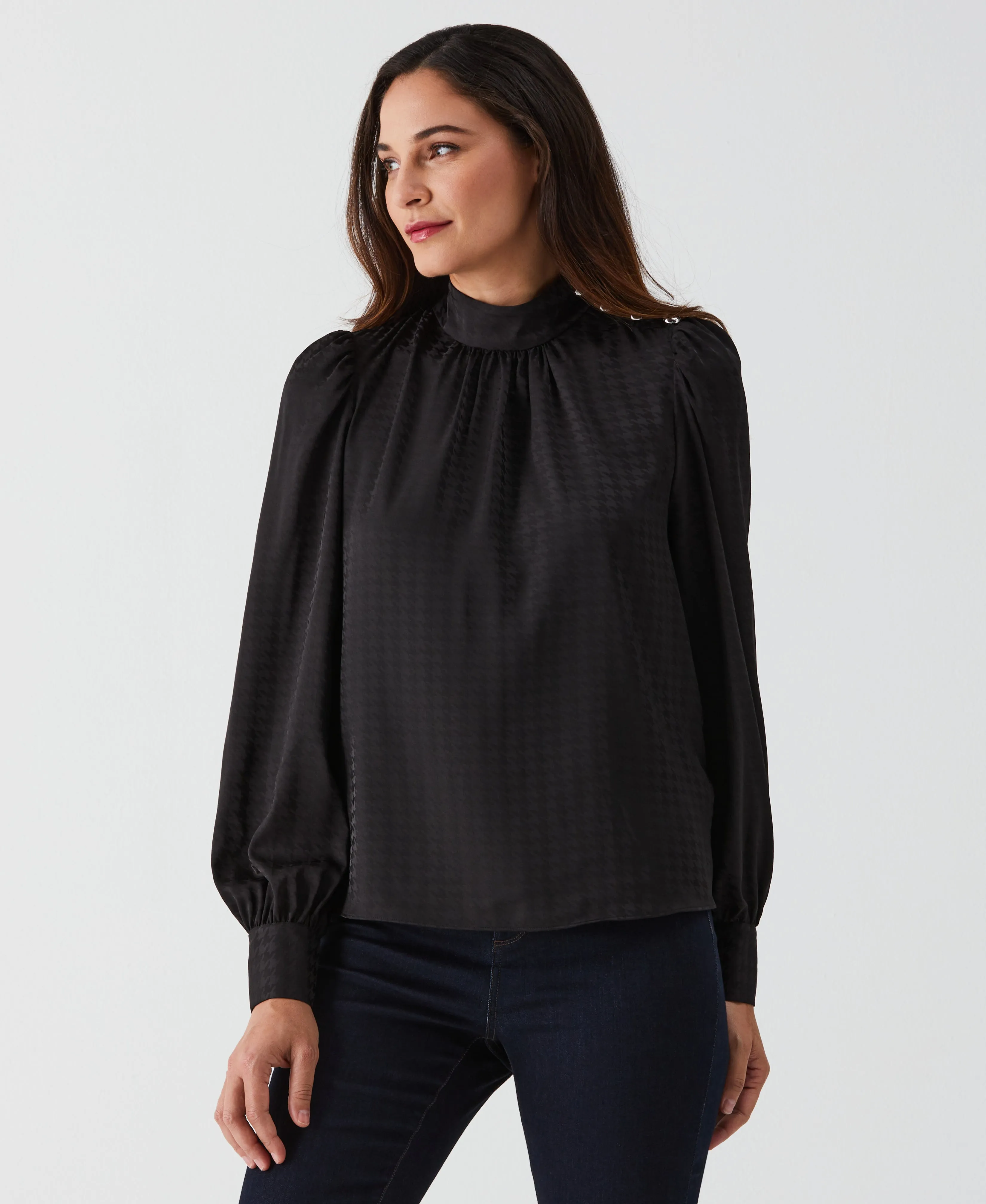 Houndstooth Button Shoulder Mock Neck Blouse