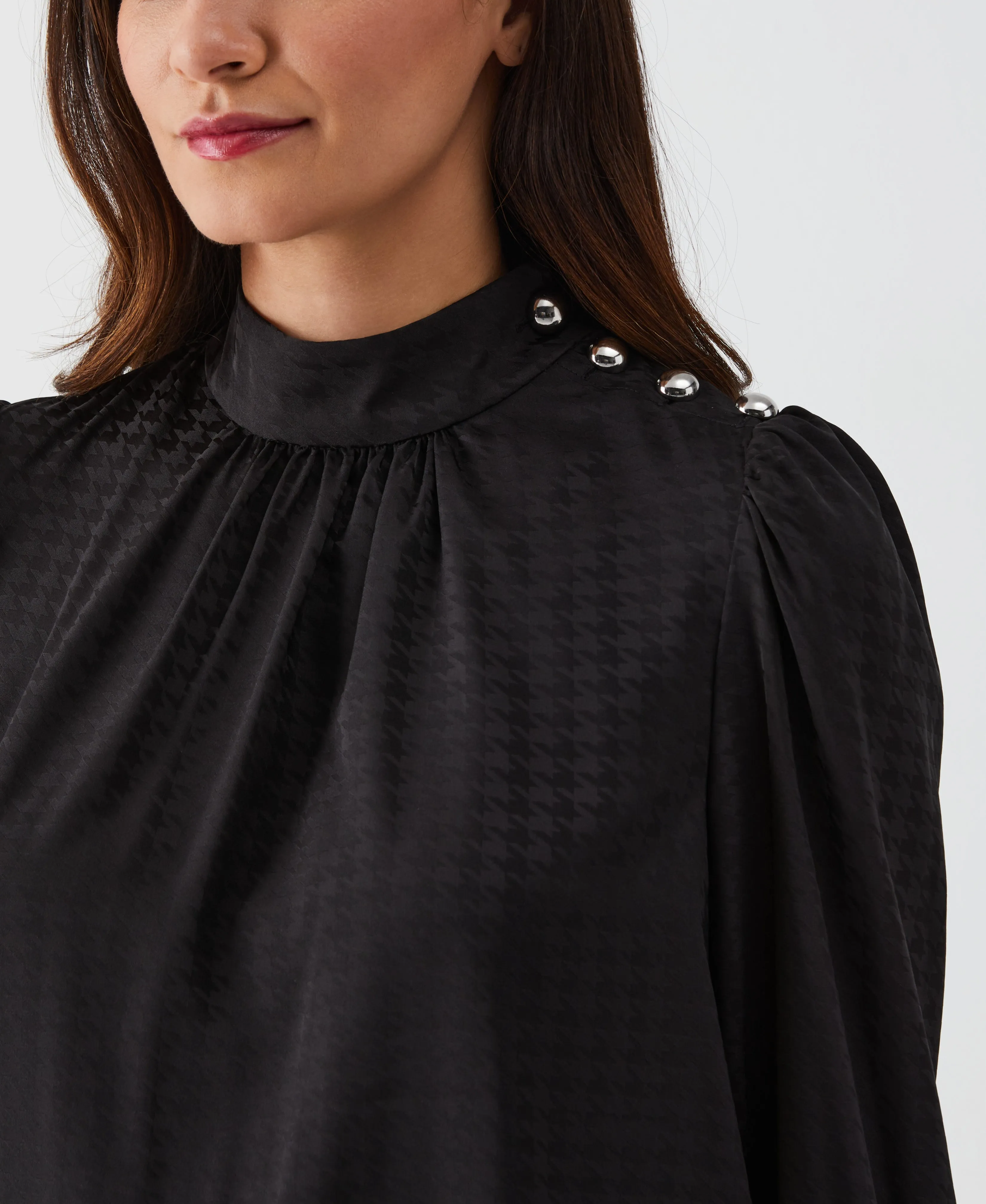 Houndstooth Button Shoulder Mock Neck Blouse