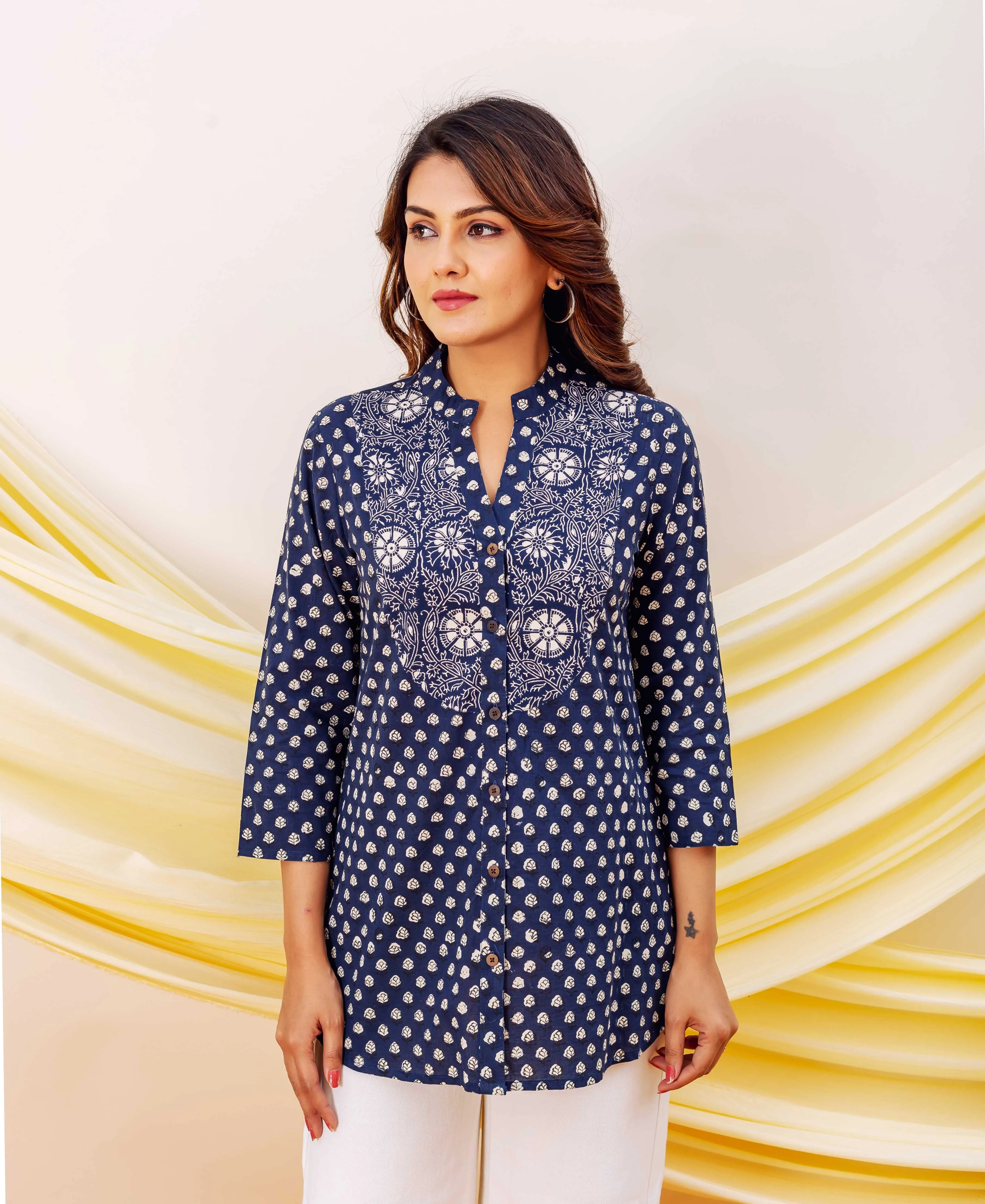 Indigo Booti Printed Cotton Top