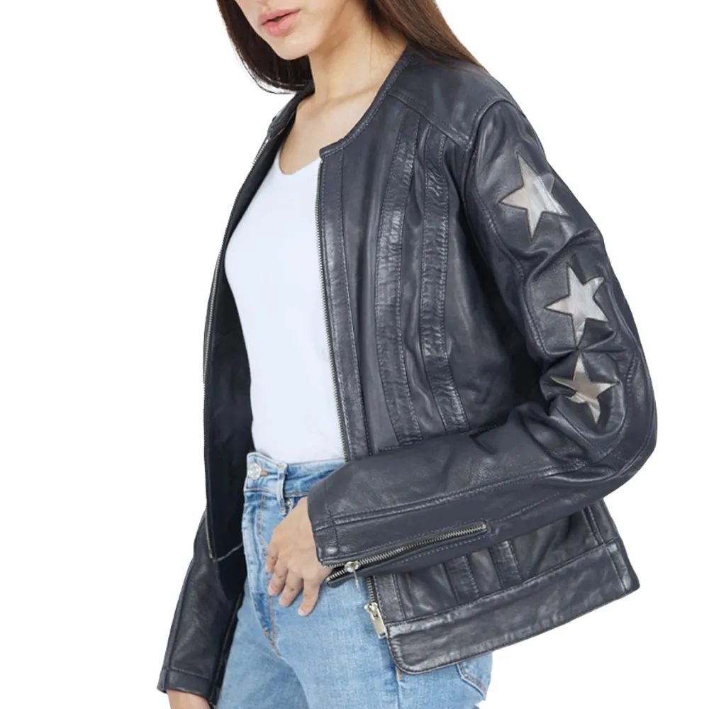 Jenna Star Navy Blue Leather Jacket