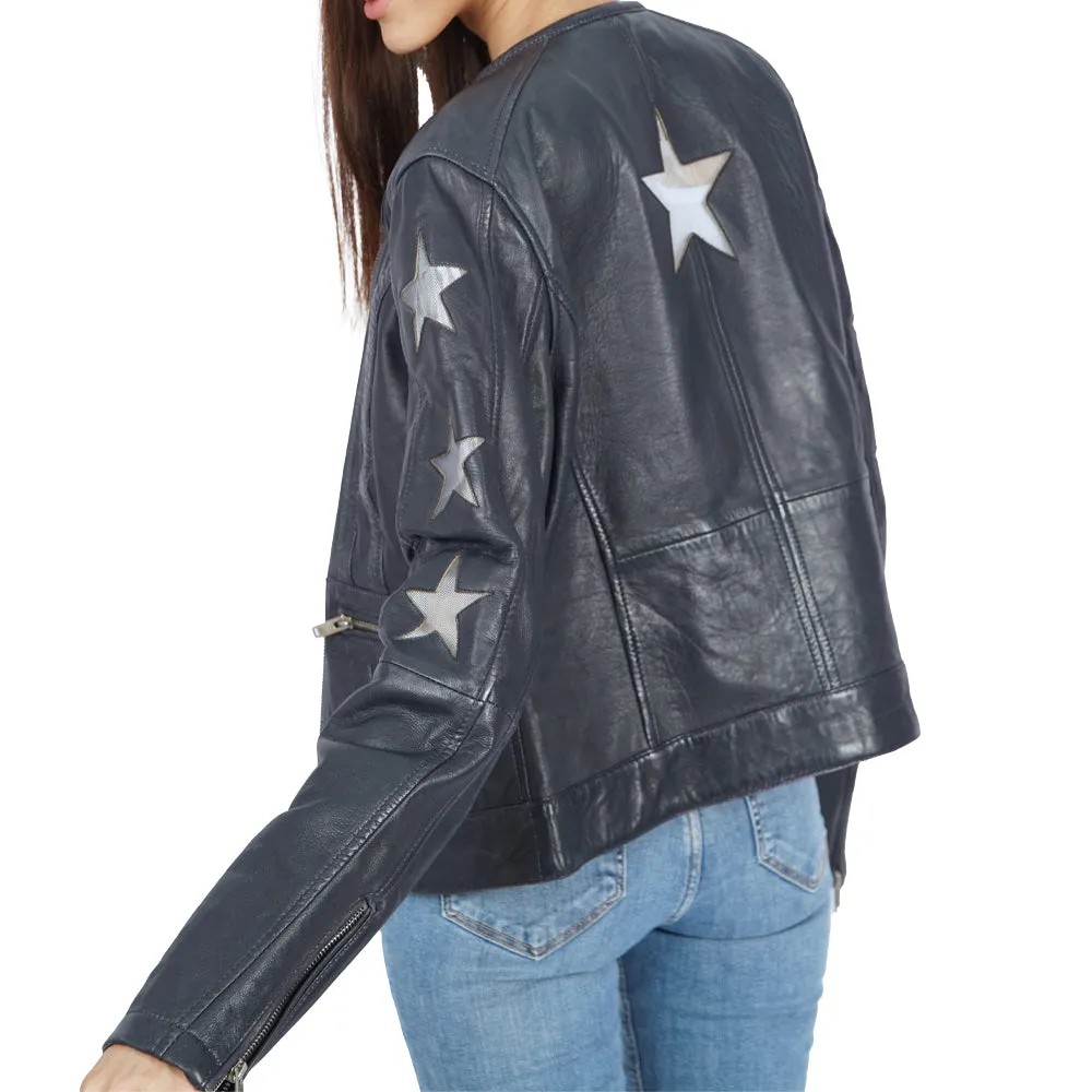 Jenna Star Navy Blue Leather Jacket