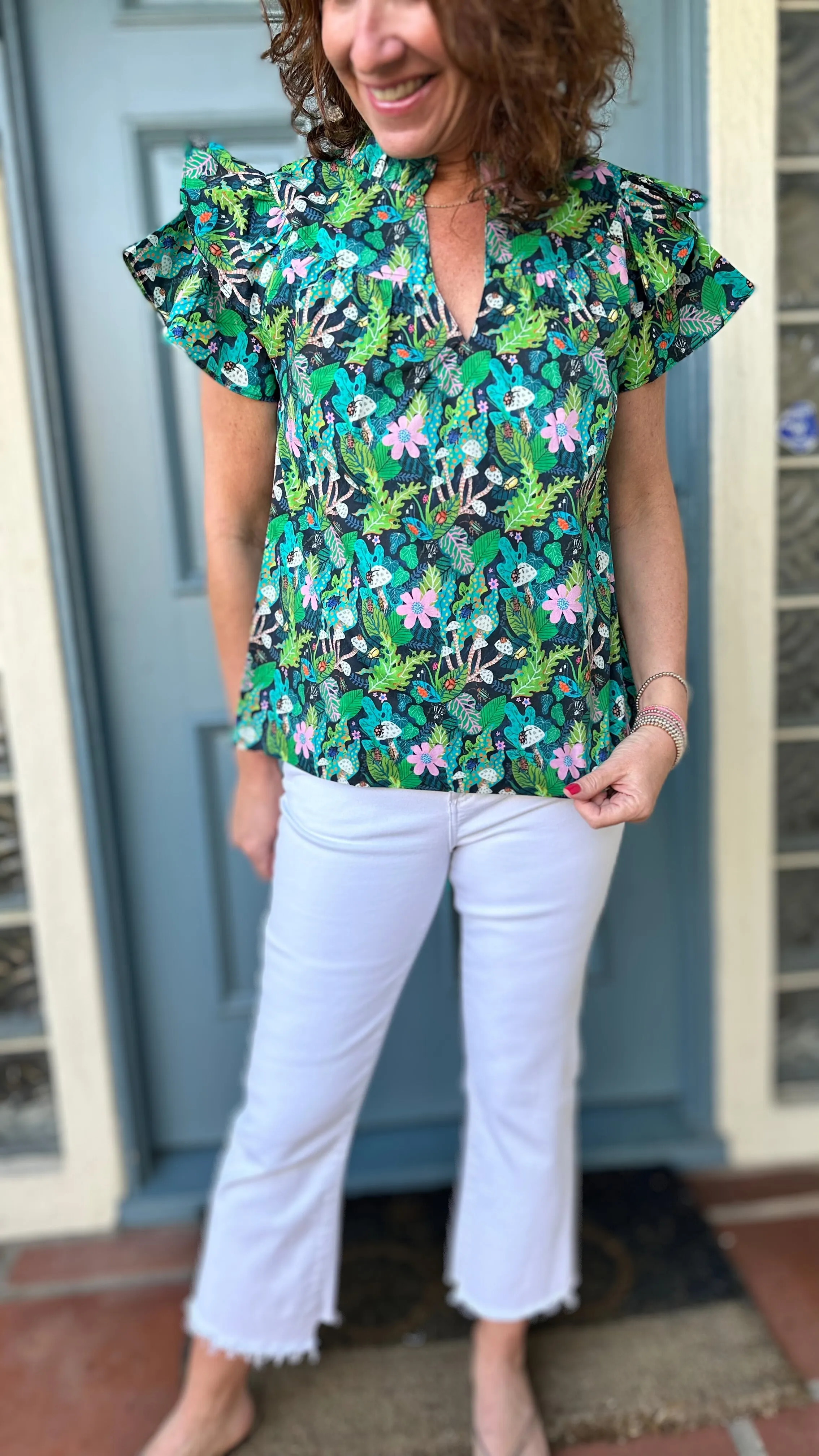 Joy Joy Flutter Sleeve Top in Jungle Floral