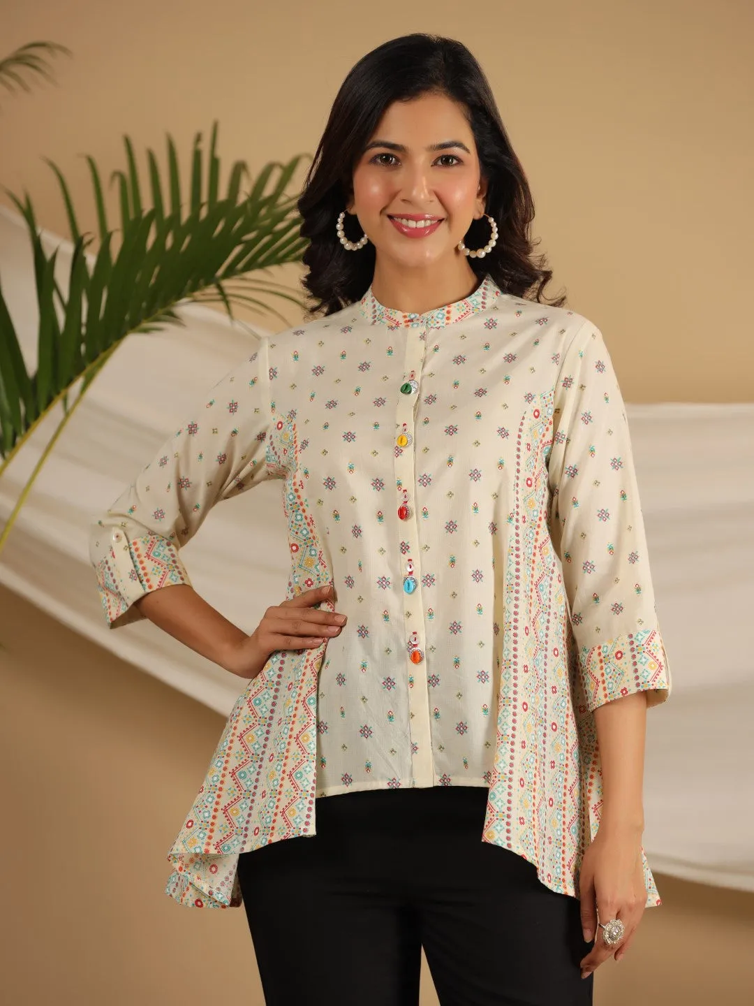 Juniper Ivory Tribal printed Pure Cotton Shirt Style Tunic With Beads work