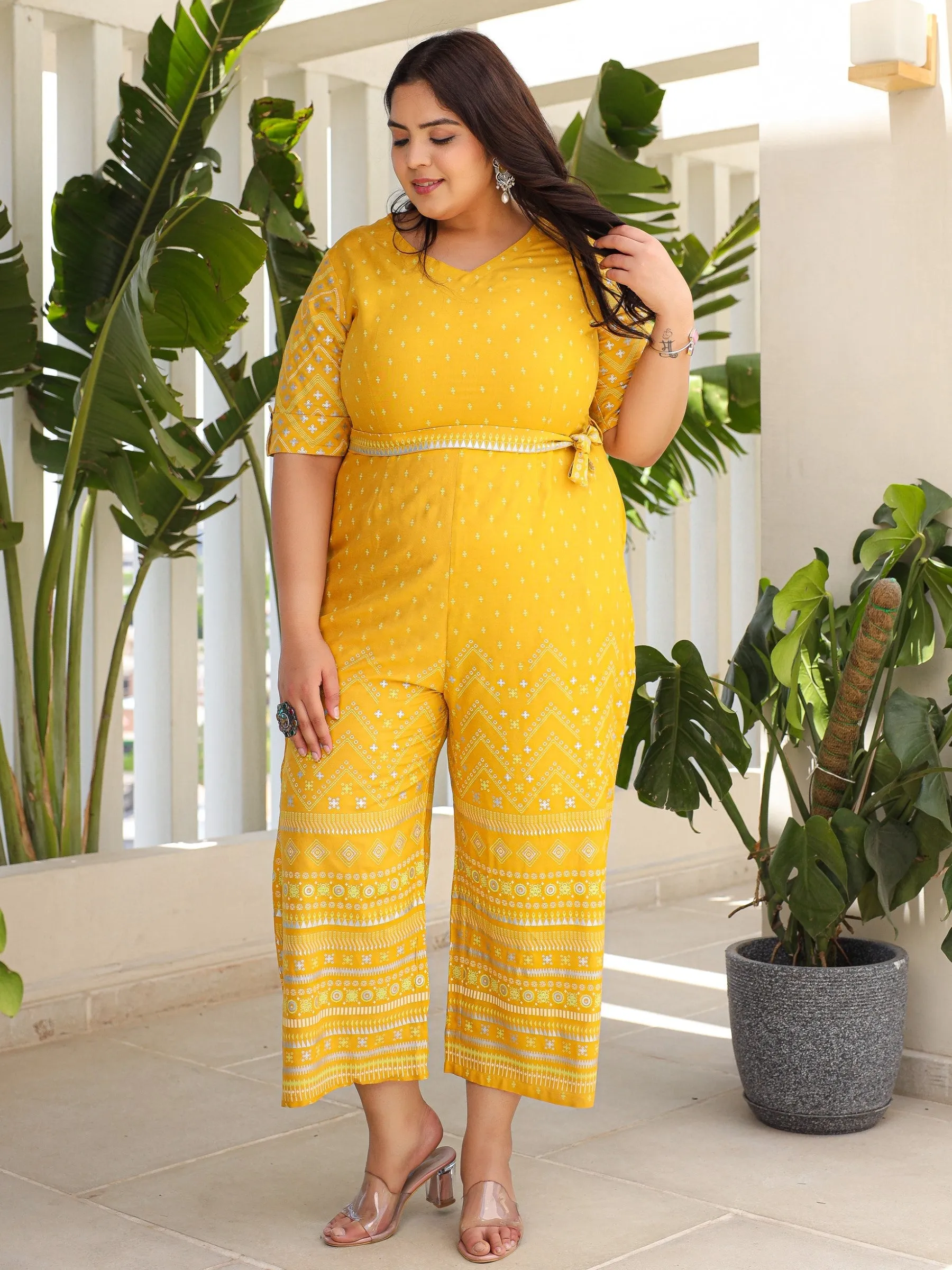 Juniper Mustard Ethnic Motif Printed Rayon Flex Jumpsuit.