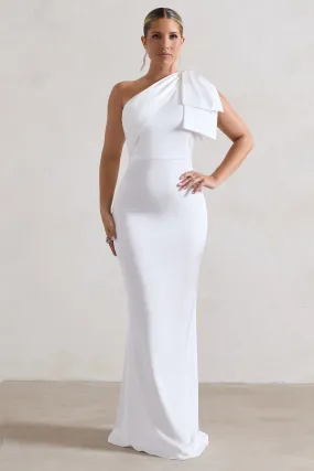 Lady | White Satin One Shoulder Maxi Dress With Bow