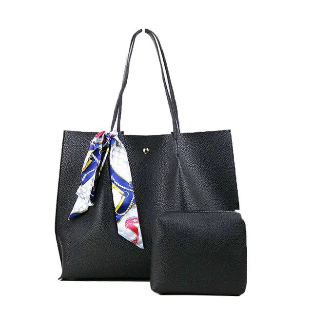 Large Capacity Luxury Designer Casual Scarf PU Leather Tote Bag, Shoulder Bag and Handbag Set