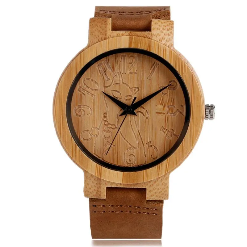 Lovely Hand Carved Wooden Watch for Ladies Leather Band